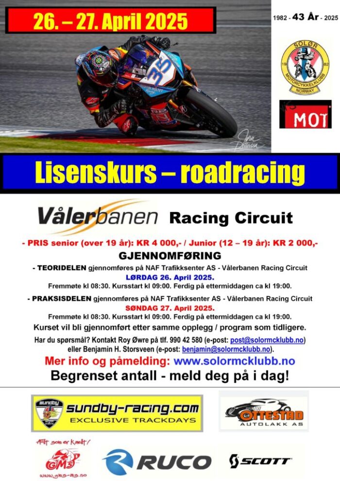 POSTER lisenskurs roadracing - Vålerbanen – APRIL 2025