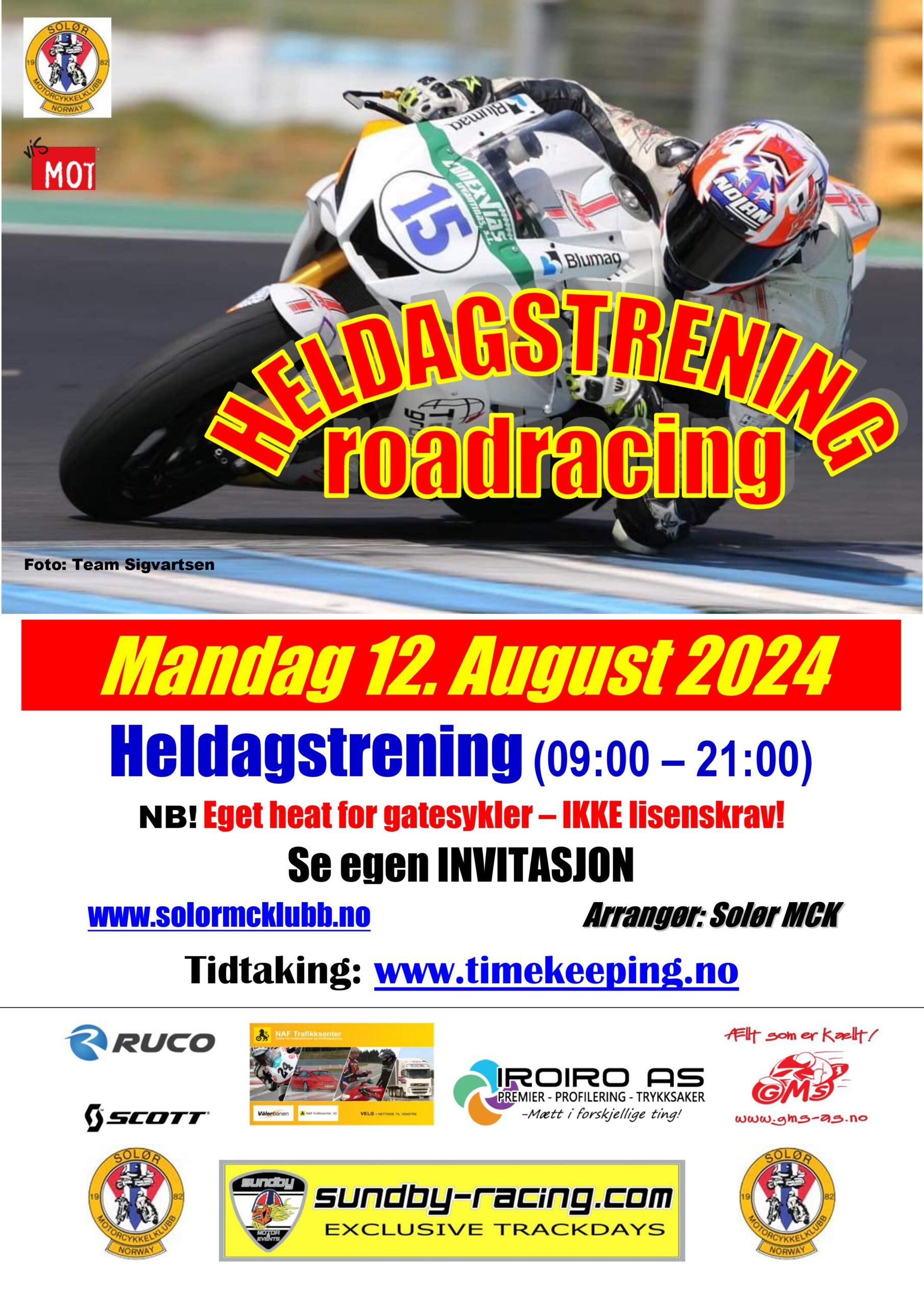Poster Heldagstrening roadracing - Vålerbanen - 12. August 2024